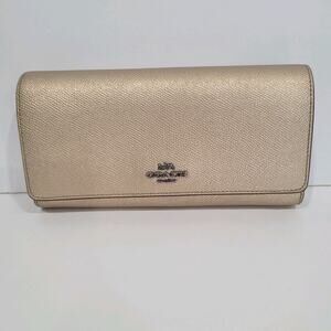 Coach Long Wallet Crossgrain Envelope Metalic Champagne Designer Large Leather